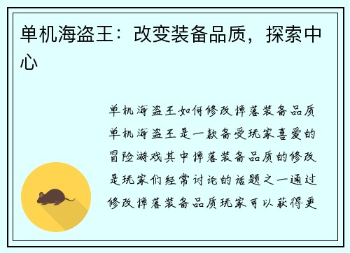 单机海盗王：改变装备品质，探索中心